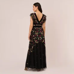 Adrianna Papell Multicolor Floral Beaded Gown With Velvet Trim In Black Multi -Cheap Vesta Gleam Store AP1E210607 AB960 Regular Back