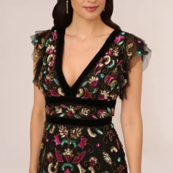 Adrianna Papell Multicolor Floral Beaded Gown With Velvet Trim In Black Multi -Cheap Vesta Gleam Store AP1E210607 AB960 Regular Detail
