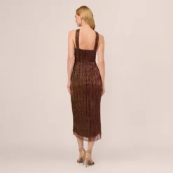 Adrianna Papell Metallic Knit Halter Midi Dress With Wrap Skirt In Copper -Cheap Vesta Gleam Store AP1E210615 AA908 Regular Back
