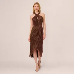 Adrianna Papell Metallic Knit Halter Midi Dress With Wrap Skirt In Copper