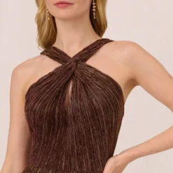 Adrianna Papell Metallic Knit Halter Midi Dress With Wrap Skirt In Copper -Cheap Vesta Gleam Store AP1E210615 AA908 Regular Detail