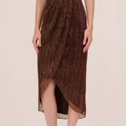Adrianna Papell Metallic Knit Halter Midi Dress With Wrap Skirt In Copper -Cheap Vesta Gleam Store AP1E210615 AA908 Regular Lifestyle