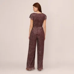 Adrianna Papell Metallic Crinkle Wide Leg Jumpsuit With Short Sleeves In Plum -Cheap Vesta Gleam Store AP1E210616 AD541 Regular Back