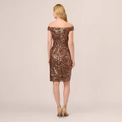 Adrianna Papell Off The Shoulder Sequin Lace Dress In Copper -Cheap Vesta Gleam Store AP1E210619 AA908 Regular Back