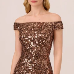 Adrianna Papell Off The Shoulder Sequin Lace Dress In Copper -Cheap Vesta Gleam Store AP1E210619 AA908 Regular Detail