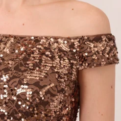 Adrianna Papell Off The Shoulder Sequin Lace Dress In Copper -Cheap Vesta Gleam Store AP1E210619 AA908 Regular Lifestyle