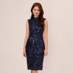 Adrianna Papell Sequin Lace Sleeveless Midi Dress With Mock Neck In Navy