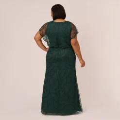 Adrianna Papell Plus Size Beaded Blouson Mermaid Gown With Sheer Dolman Sleeves In Dusty Emerald -Cheap Vesta Gleam Store AP1E210622 AA302 Plus Back