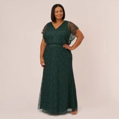 Adrianna Papell Plus Size Beaded Blouson Mermaid Gown With Sheer Dolman Sleeves In Dusty Emerald