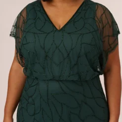 Adrianna Papell Plus Size Beaded Blouson Mermaid Gown With Sheer Dolman Sleeves In Dusty Emerald -Cheap Vesta Gleam Store AP1E210622 AA302 Plus Detail