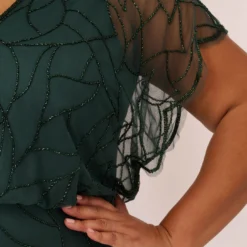 Adrianna Papell Plus Size Beaded Blouson Mermaid Gown With Sheer Dolman Sleeves In Dusty Emerald -Cheap Vesta Gleam Store AP1E210622 AA302 Plus Lifestyle