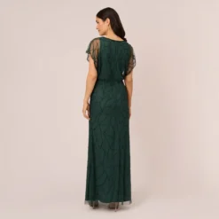 Adrianna Papell Beaded Blouson Mermaid Gown With Sheer Dolman Sleeves In Dusty Emerald -Cheap Vesta Gleam Store AP1E210622 AA302 Regular Back