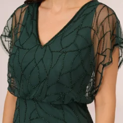 Adrianna Papell Beaded Blouson Mermaid Gown With Sheer Dolman Sleeves In Dusty Emerald -Cheap Vesta Gleam Store AP1E210622 AA302 Regular Detail