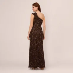 Adrianna Papell One Shoulder Beaded Mermaid Gown In Chocolate -Cheap Vesta Gleam Store AP1E210627 AA201 Regular Back