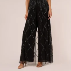 Adrianna Papell Beaded Wide Leg Jumpsuit With Georgette Overlay In Black -Cheap Vesta Gleam Store AP1E210644 AA002 Regular Lifestyle