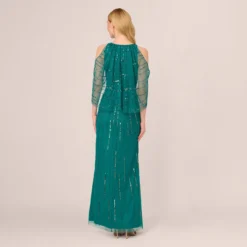 Adrianna Papell Cold Shoulder Beaded Cape Gown In Vivid Emerald -Cheap Vesta Gleam Store AP1E210651 AA314 Regular Back
