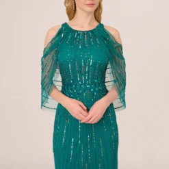 Adrianna Papell Cold Shoulder Beaded Cape Gown In Vivid Emerald -Cheap Vesta Gleam Store AP1E210651 AA314 Regular Detail