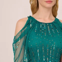 Adrianna Papell Cold Shoulder Beaded Cape Gown In Vivid Emerald -Cheap Vesta Gleam Store AP1E210651 AA314 Regular Lifestyle