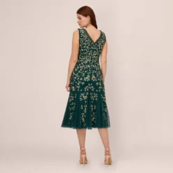 Adrianna Papell Floral Beaded Midi Dress With Godet Skirt In Gem Green -Cheap Vesta Gleam Store AP1E210652 AW303 Regular Back