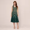 Adrianna Papell Floral Beaded Midi Dress With Godet Skirt In Gem Green