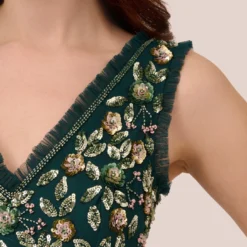 Adrianna Papell Floral Beaded Midi Dress With Godet Skirt In Gem Green -Cheap Vesta Gleam Store AP1E210652 AW303 Regular Lifestyle