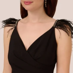 Adrianna Papell Crepe Wide Leg Jumpsuit With Bead And Feather Accents In Black -Cheap Vesta Gleam Store AP1E210659 AA002 Regular Detail