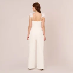 Adrianna Papell Crepe Wide Leg Jumpsuit With Bead And Feather Accents In Ivory -Cheap Vesta Gleam Store AP1E210659 AA194 Regular Back