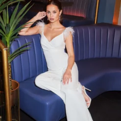 Adrianna Papell Crepe Wide Leg Jumpsuit With Bead And Feather Accents In Ivory