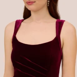 Adrianna Papell Sleeveless Shirred Velvet Mermaid Gown With Ruffle Accent In Burgundy -Cheap Vesta Gleam Store AP1E210662 AC506 Regular Detail