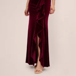 Adrianna Papell Sleeveless Shirred Velvet Mermaid Gown With Ruffle Accent In Burgundy -Cheap Vesta Gleam Store AP1E210662 AC506 Regular Lifestyle