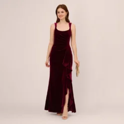 Adrianna Papell Sleeveless Shirred Velvet Mermaid Gown With Ruffle Accent In Burgundy -Cheap Vesta Gleam Store AP1E210662 AC506 Regular Side