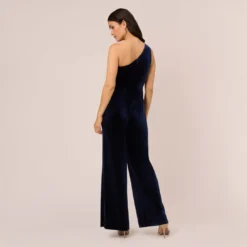 Adrianna Papell One Shoulder Velvet Jumpsuit With Draped Accent In Midnight -Cheap Vesta Gleam Store AP1E210667 AB411 Regular Back