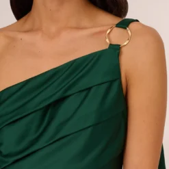 Adrianna Papell Satin Crepe One Shoulder Gown With Metal Ring Accent In Deep Forest -Cheap Vesta Gleam Store AP1E210669 AH303 Regular Detail