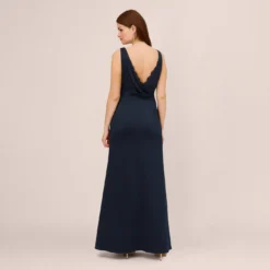 Adrianna Papell Satin Crepe Mermaid Gown With Lace Accent Cowl Back In Dark Navy -Cheap Vesta Gleam Store AP1E210671 AB010 Regular Back
