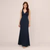 Adrianna Papell Satin Crepe Mermaid Gown With Lace Accent Cowl Back In Dark Navy