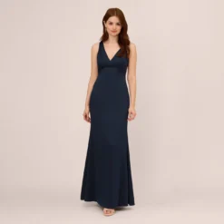 Adrianna Papell Satin Crepe Mermaid Gown With Lace Accent Cowl Back In Dark Navy