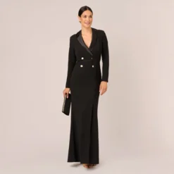 Adrianna Papell Long Sleeve Tuxedo Gown With Jeweled Buttons In Black -Cheap Vesta Gleam Store AP1E210677 AA002 Regular Side