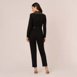 Adrianna Papell Long Sleeve Tuxedo Jumpsuit With Crystal Trim In Black -Cheap Vesta Gleam Store AP1E210678 AA002 Regular Back