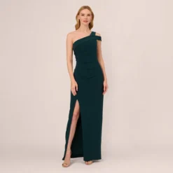 Adrianna Papell One Shoulder Column Gown With Cutout Shoulder In Hunter