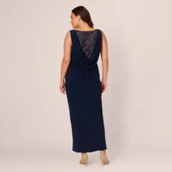 Adrianna Papell Plus Size Sleeveless Jersey Gown With Embellished Lace Cowl Back In Midnight -Cheap Vesta Gleam Store AP1E210681 AB411 Plus Back