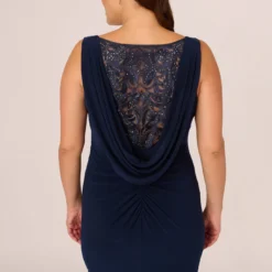 Adrianna Papell Plus Size Sleeveless Jersey Gown With Embellished Lace Cowl Back In Midnight -Cheap Vesta Gleam Store AP1E210681 AB411 Plus Lifestyle