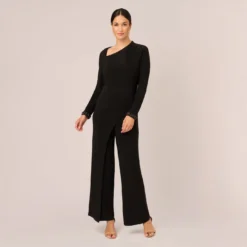 Adrianna Papell Embellished Jersey Jumpsuit With Asymmetric Neck In Black