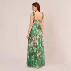 Adrianna Papell Floral Chiffon Tiered Gown With Ruffle Details In Green Multi -Cheap Vesta Gleam Store AP1E210741 AA390 Regular Back