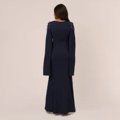 Adrianna Papell Crepe Mermaid Gown With Beaded Cape Sleeves In Midnight -Cheap Vesta Gleam Store AP1E210756 AB411 Regular Back