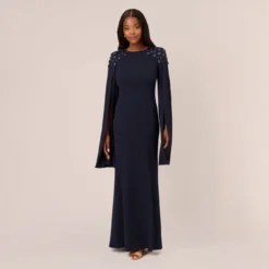 Adrianna Papell Crepe Mermaid Gown With Beaded Cape Sleeves In Midnight
