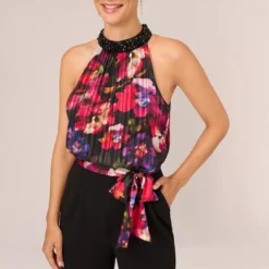 Adrianna Papell Halter Jumpsuit With Floral Print Bodice In Black Multi -Cheap Vesta Gleam Store AP1E210757 AA960 Regular Detail