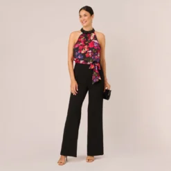 Adrianna Papell Halter Jumpsuit With Floral Print Bodice In Black Multi -Cheap Vesta Gleam Store AP1E210757 AA960 Regular Side