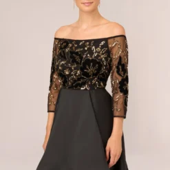 Adrianna Papell Beaded Taffeta Ball Gown With Three-Quarter Sleeves In Black Gold -Cheap Vesta Gleam Store AP1E210782 AA967 Regular Detail