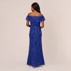 Adrianna Papell Beaded Off The Shoulder Mermaid Gown With Flutter Neck In Ultra Blue -Cheap Vesta Gleam Store AP1E210785 AZ401 Regular Back