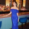 Adrianna Papell Beaded Off The Shoulder Mermaid Gown With Flutter Neck In Ultra Blue